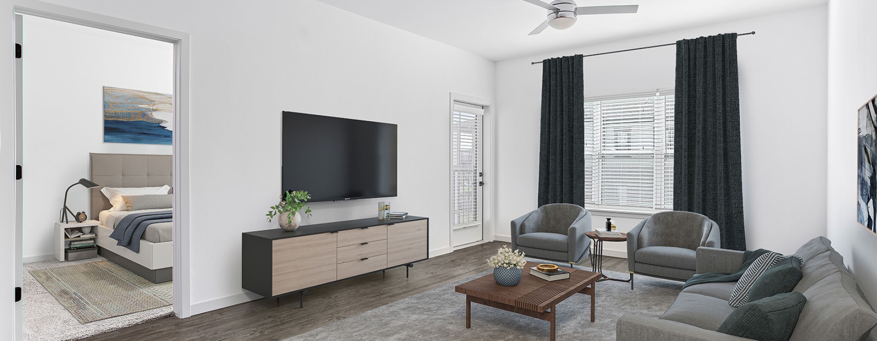 large living room next to bedroom